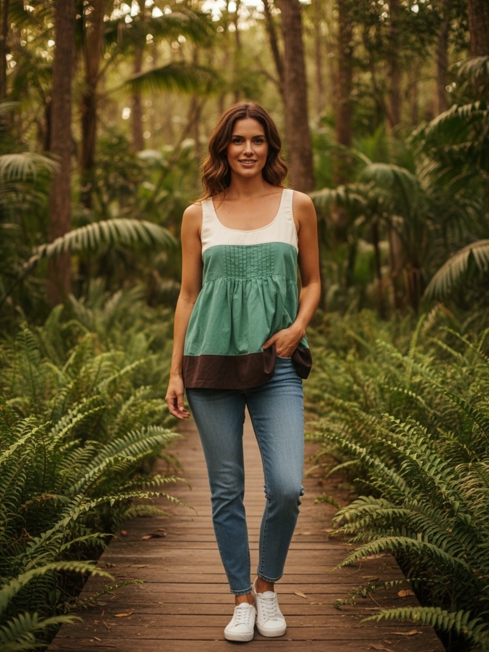 Sleeveless Colorblock Smocked Tank Top in White Mint Green and Brown